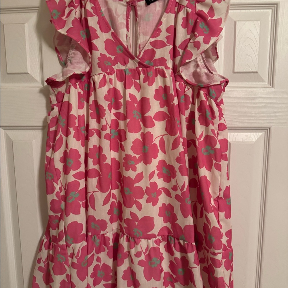 Floral Pink and Green Ruffle Dress